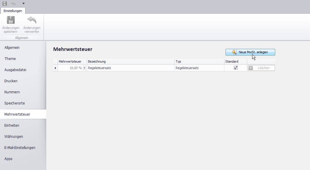 Neuen Mehrwertsteuersatz anlegen
