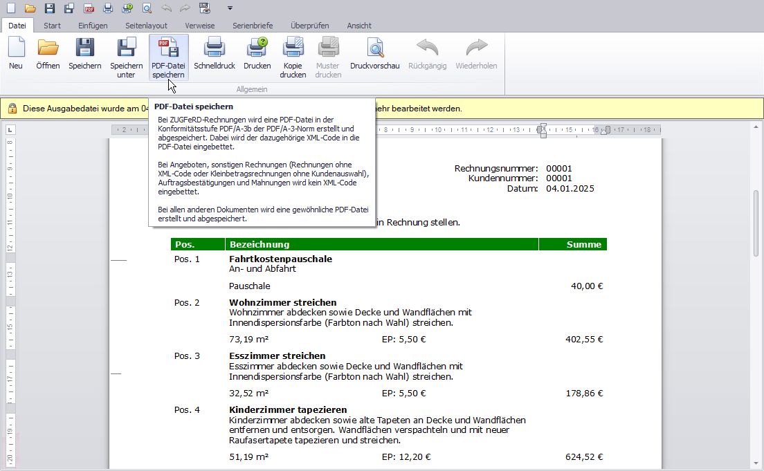 E-Rechnung erstellen - PDF-Datei speichern