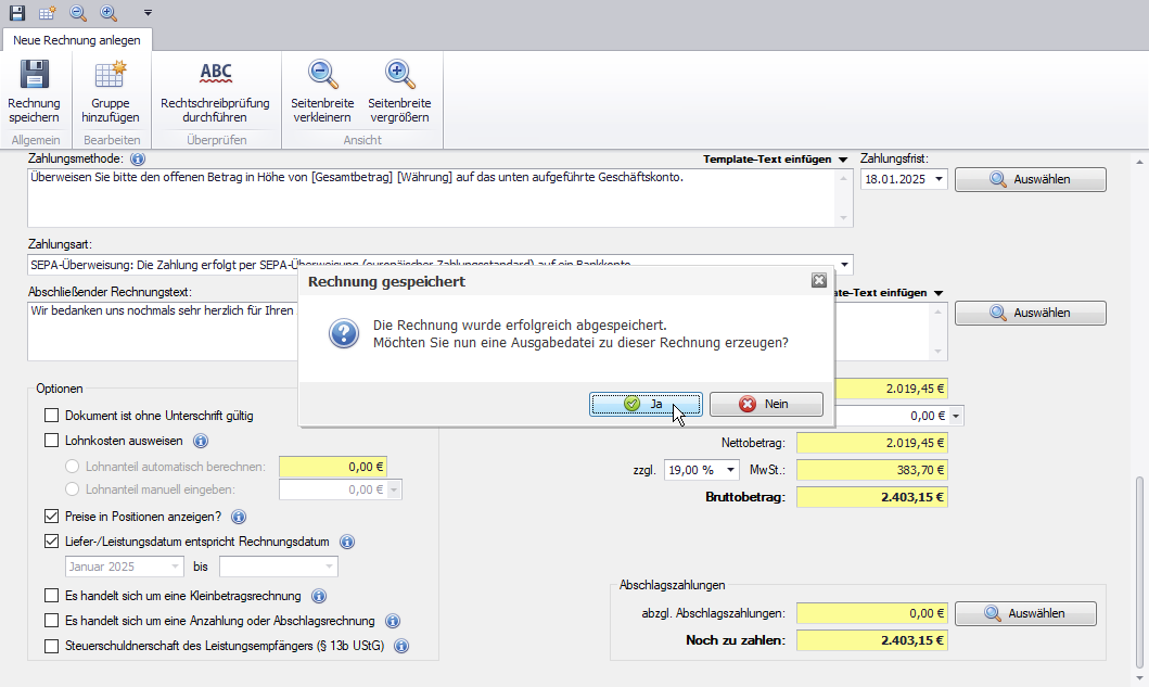 E-Rechnung erstellen - Rechnung speichern