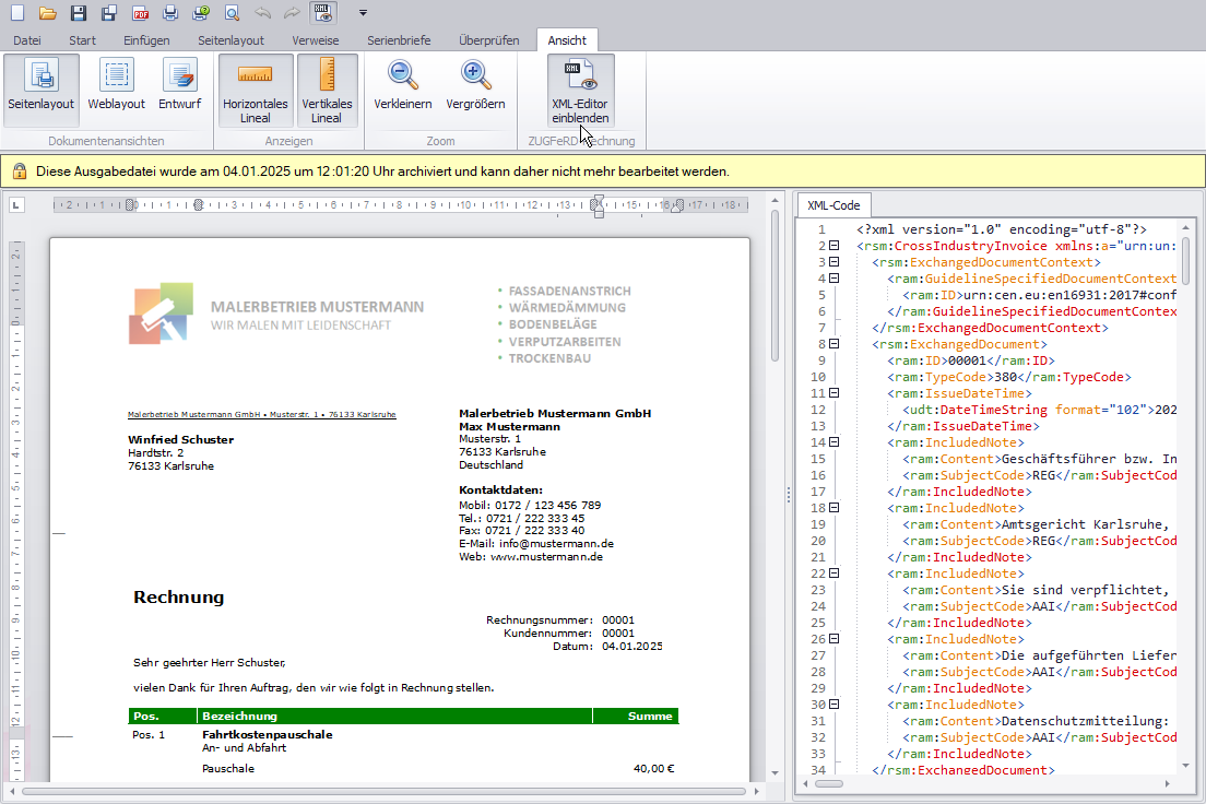 E-Rechnung erstellen - XML-Editor einblenden