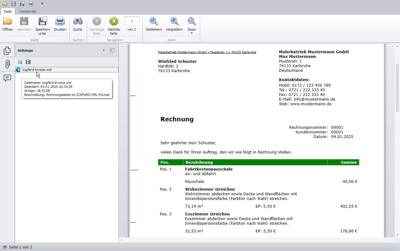 Beispielhafte Darstellung einer ZUGFeRD-Rechnung als PDF-Datei